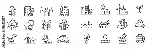Collection of eco-friendly icons representing sustainable living and renewable energy concepts