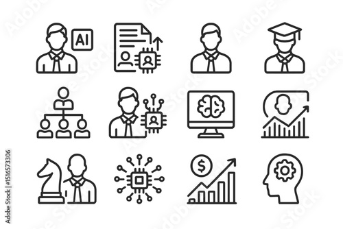 Icons representing career growth in artificial intelligence and technology sectors, showcasing various aspects of advancement