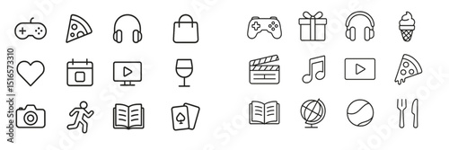 Creative collection of simple doodle icons representing various leisure activities and interests displayed in an organized layout