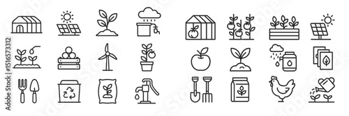 Creativity in agricultural design with icons featuring elements from gardening, renewable energy, and sustainable practices