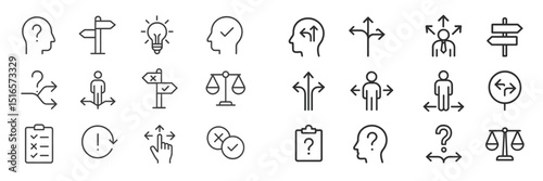 Multiple icons representing decision-making, directions, and problem-solving in a minimalist style