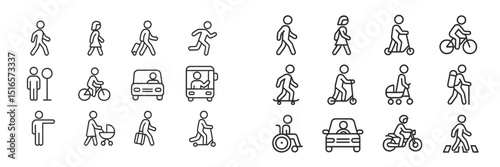 Variety of transportation and movement icons showcasing different activities and modes of travel