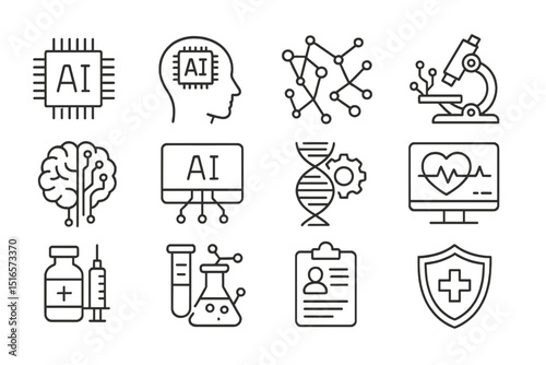 AI and healthcare concepts represented through digital icons featuring technology and medical themes in a structured layout