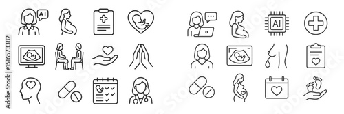 Icons depicting healthcare, pregnancy, and artificial intelligence in a modern medical setting
