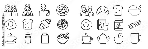 Breakfast essentials featuring various foods, beverages, and people enjoying morning meals
