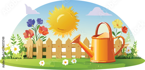 Sunny Garden with Watering Can and Blooming Flowers – Peaceful Outdoor Scene