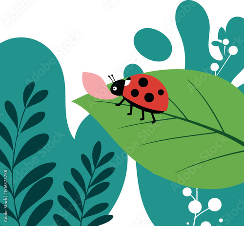 Ladybug on green leaf with teal plants vector illustration in nature setting 