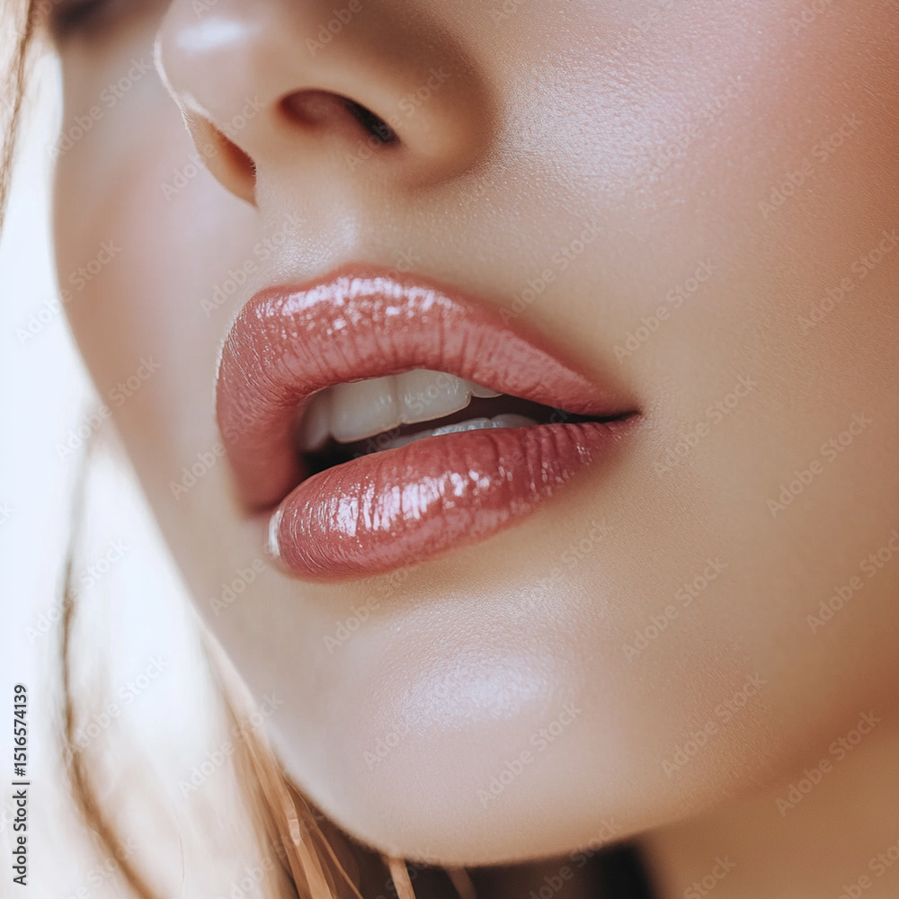Obraz premium A close-up of lips, highlighting the texture and natural color or makeup