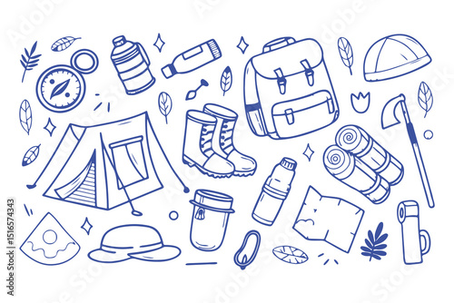 Hand-drawn camping and hiking doodle icons. tent, backpack, boots, map, compass, lantern, gear, and outdoor elements for adventure designs