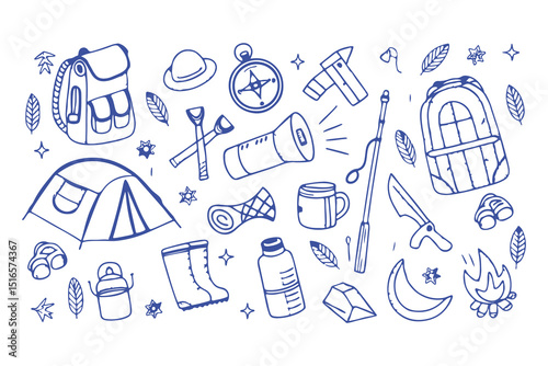 Hand-drawn camping and hiking doodle icons. tent, backpack, boots, map, compass, lantern, gear, and outdoor elements for adventure designs