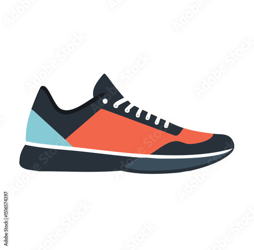 Vector Illustration of a Single Athletic Shoe in Bold Orange and Teal with Clean White Laces and Sole, Flat Minimalist Design on White Background

