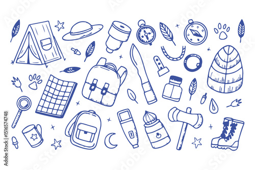 Hand-drawn camping and hiking doodle icons. tent, backpack, boots, map, compass, lantern, gear, and outdoor elements for adventure designs