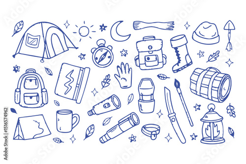 Hand-drawn camping and hiking doodle icons. tent, backpack, boots, map, compass, lantern, gear, and outdoor elements for adventure designs