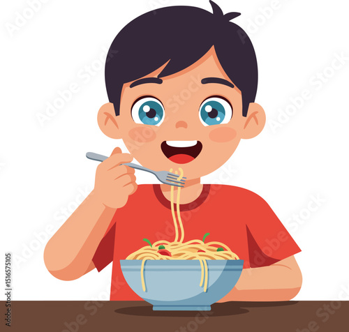 Boy eating spaghetti with tomato sauce in red shirt enjoying meal vector illustration 