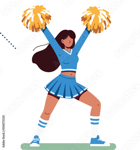 Cheerleader with blue outfit and yellow pom poms performing energetic cheer routine vector illustration 