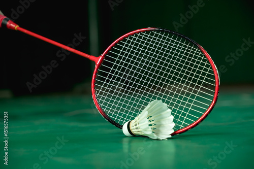 badminton racket and shuttlecock on the floor