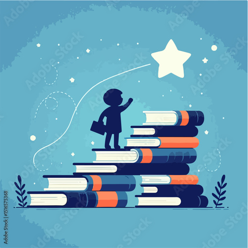 Flat vector of a child stacking books to reach a star, symbolic, minimalist style
