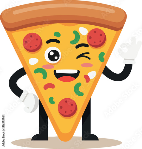 Cartoon happy pizza slice winking and making okay hand gesture vector illustration 