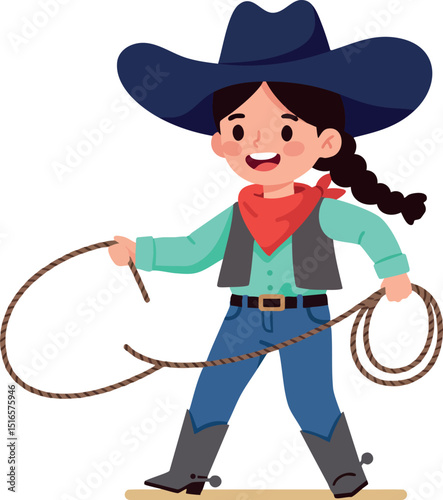 Girl Cowboy Wearing Hat and Holding Lasso Rope Vector Illustration 