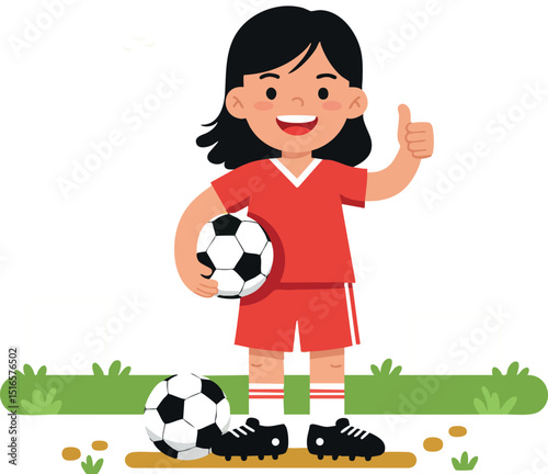 Girl Soccer Player Holding Ball Giving Thumbs Up Vector Illustration in Red Uniform 