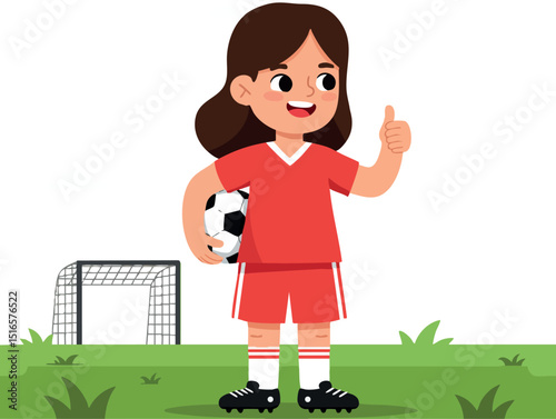Girl Soccer Player Holding Ball Giving Thumbs Up on Field in Red Uniform Vector Illustration 
