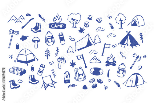Hand-drawn camping and hiking doodle icons. tent, backpack, boots, map, compass, lantern, gear, and outdoor elements for adventure designs