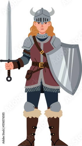 Female Viking Warrior Holding Sword and Shield in Medieval Armor Vector Illustration 