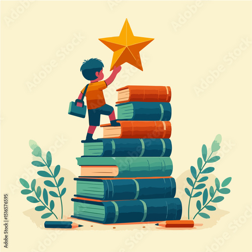 Flat vector of a child stacking books to reach a star, symbolic, minimalist style