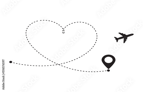 Minimalist Heart-Shaped Travel Route Airplane Flight Path Design