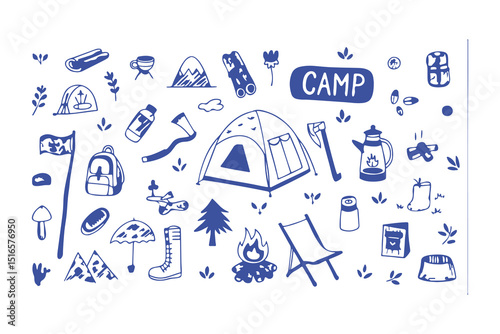 Hand-drawn camping and hiking doodle icons. tent, backpack, boots, map, compass, lantern, gear, and outdoor elements for adventure designs