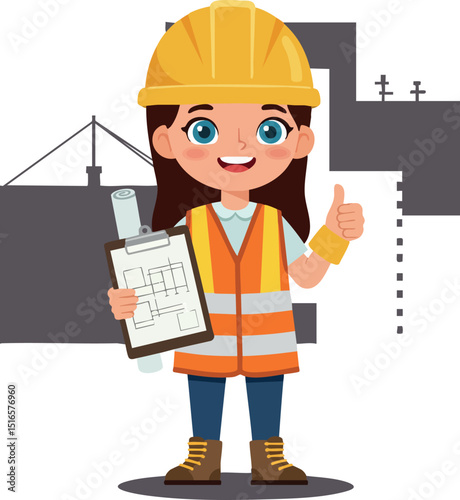 Female Construction Worker Wearing Safety Gear Holding Blueprint and Giving Thumbs Up Vector Illustration 