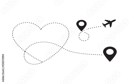 Minimalist Heart-Shaped Travel Route Airplane Flight Path Design