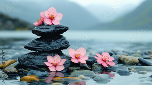 A beautiful arrangement of smooth stones topped with delicate pink flowers, set against a serene water backdrop, evoking tranquility and harmony in nature