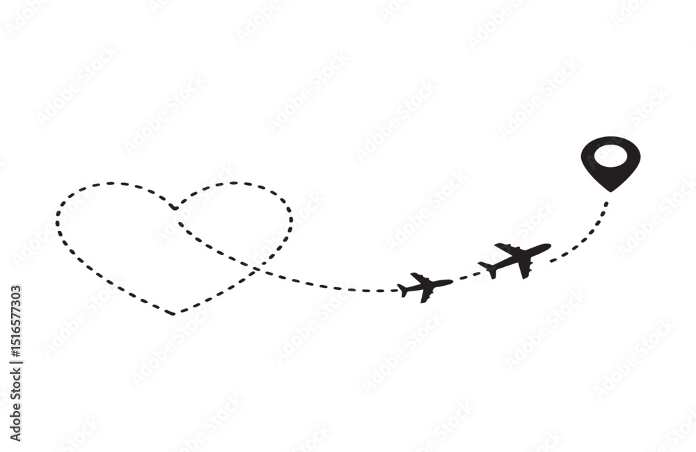 Fototapeta premium Minimalist Heart-Shaped Travel Route Airplane Flight Path Design