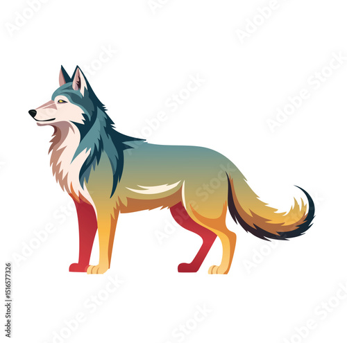 Vector Portrait of a Standing Wolf with Smooth Gradient Fur and Alert Posture in a Minimalist and Illustrative Aesthetic on White Background