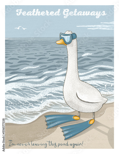 Funny postcard with cartoon goose in flippers and goggles at the beach, humorous summer travel illustration