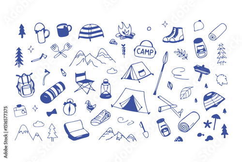 Hand-drawn camping and hiking doodle icons. tent, backpack, boots, map, compass, lantern, gear, and outdoor elements for adventure designs