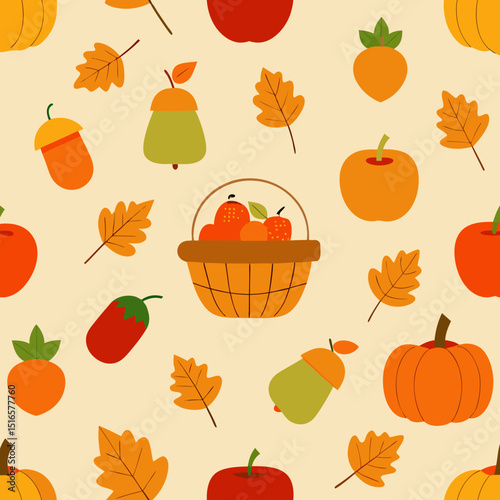 seamless autumn harvest pattern   pumpkins  acorns