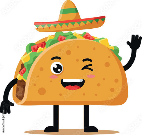 Winking taco character wearing sombrero with colorful vegetables and cheese vector illustration 