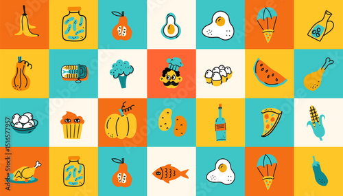 Local food, Farmer's market concept. Street food market booth with vegetables and fruits. Doodle style hand drawn vector illustration.