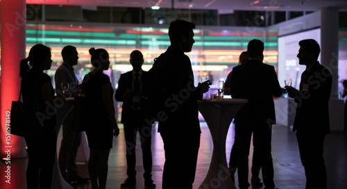 Silhouetted figures converse at an indoor networking event, drinks in hand, against a vibrant backdrop