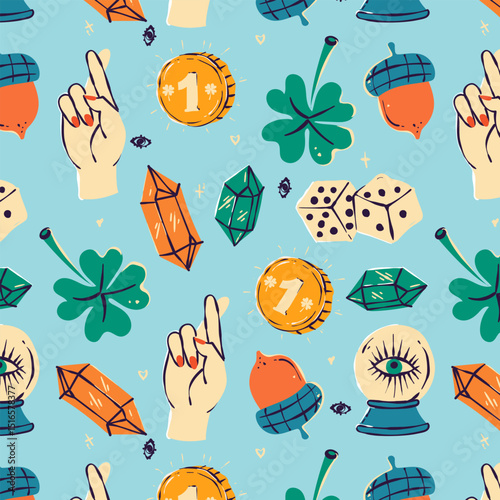 Good luck charms talisman seamless vector pattern. Ladybug, four-leaf clover, Good Luck lettering repeating hand drawn fortune background. Use for New Years, fabric, packaging. Vector illustration.