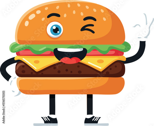 Winking cheeseburger character with lettuce and tomato smiling vector illustration 