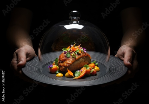Hands presenting gourmet dish under glass dome on plate