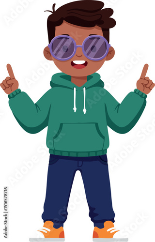 Cool boy wearing purple sunglasses green hoodie navy pants orange shoes vector illustration 