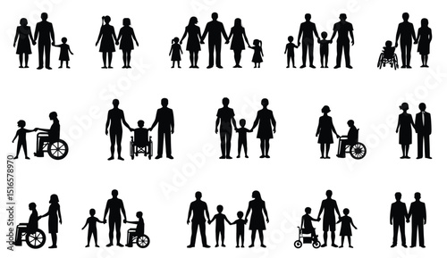 Diverse family silhouettes: Inclusive depictions of parents with children, including disability representations.