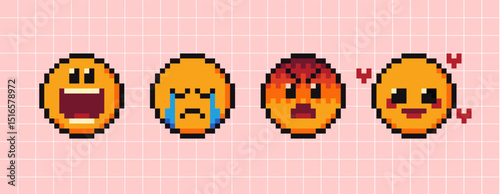 Pixels Y2k funny playful emoticon stickers. Love, kiss, melting smile. 8-bit retro style vector illustration for social media. Set of emoticons pixel art. Emoji pixelated icons. Various faces