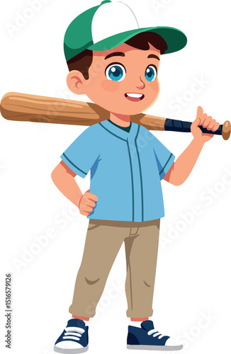 Boy playing baseball holding bat wearing cap and sportswear vector illustration 