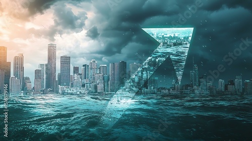 A dramatic scene depicting rising water levels threatening urban landscapes, capturing the urgency of climate change.