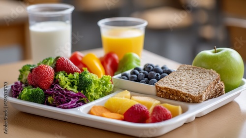 Close up view of balanced nutritious school lunch tray with fresh colorful vegetables fruit whole grain options